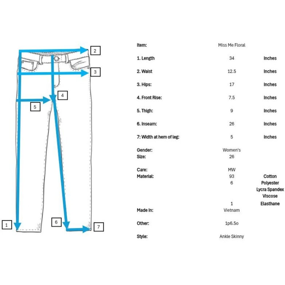 Miss Me JP7668AK Ankle Skinny Womens Jeans 26 26 Embroidered Floral Distressed - Picture 7 of 7